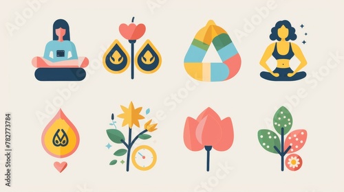 Illustrate a series of colorful icons representing different aspects of self-care, including exercise, relaxation, mindfulness, and nutrition