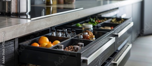 Include sleek, functional storage solutions to maintain the kitchen's streamlined appearance. 