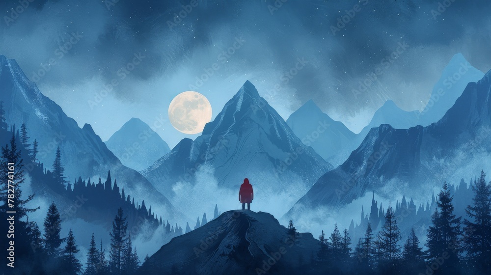 Journey of Self-Discovery: poignant illustration of a person embarking on a solo expedition through rugged mountains and tranquil forests, symbolizing their inner quest for growth and enlightenment - obrazy, fototapety, plakaty 