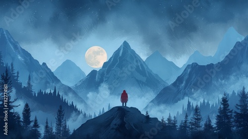 Journey of Self-Discovery: poignant illustration of a person embarking on a solo expedition through rugged mountains and tranquil forests, symbolizing their inner quest for growth and enlightenment photo