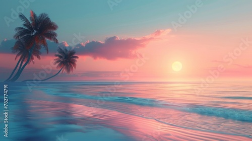 Serenity by the Sea: serene digital painting of a secluded beach at sunset, with silhouettes of palm trees swaying in the gentle breeze © Exnoi
