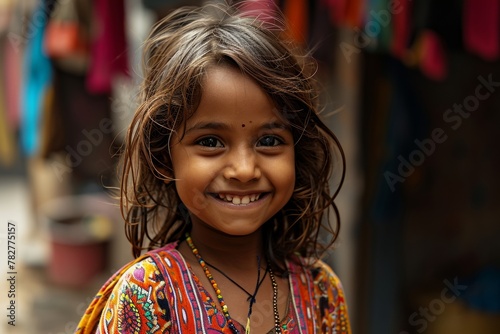 Portrait of a smiling little Indian girl in traditional costume. India