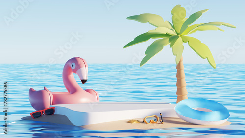 3D render, minimal Summer background with empty podium or pedestal platform for showing product, cosmetic scene for mock up, beach swim elements decoration.