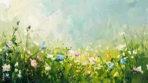 A painting depicting a field of flowers under a blue sky background, captured with oil strokes on a wide canvas. Wallpaper. Copy space.