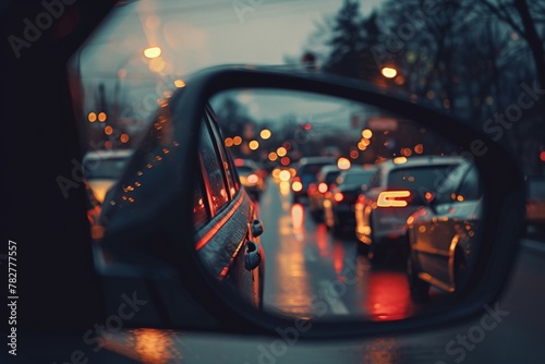 Evening traffic jam with cars reflecting in rearview mirror