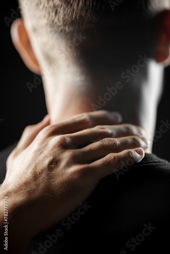 Man's Neck, Close-up of a man's neck as he holds it, showing pain or injury. photo