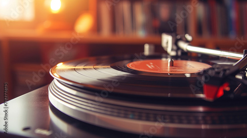 Vintage Audio Nostalgia, Vintage turntable playing a vinyl record, soft lighting adds warmth and retro charm. photo