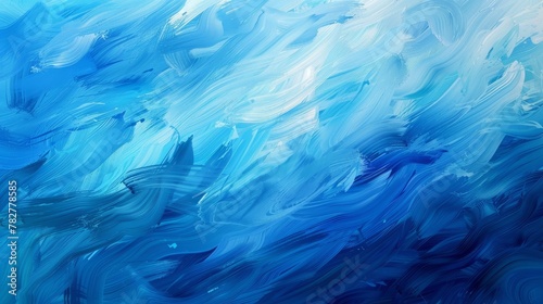 An abstract painting with swirling waves in shades of blue and white against a textured surface background