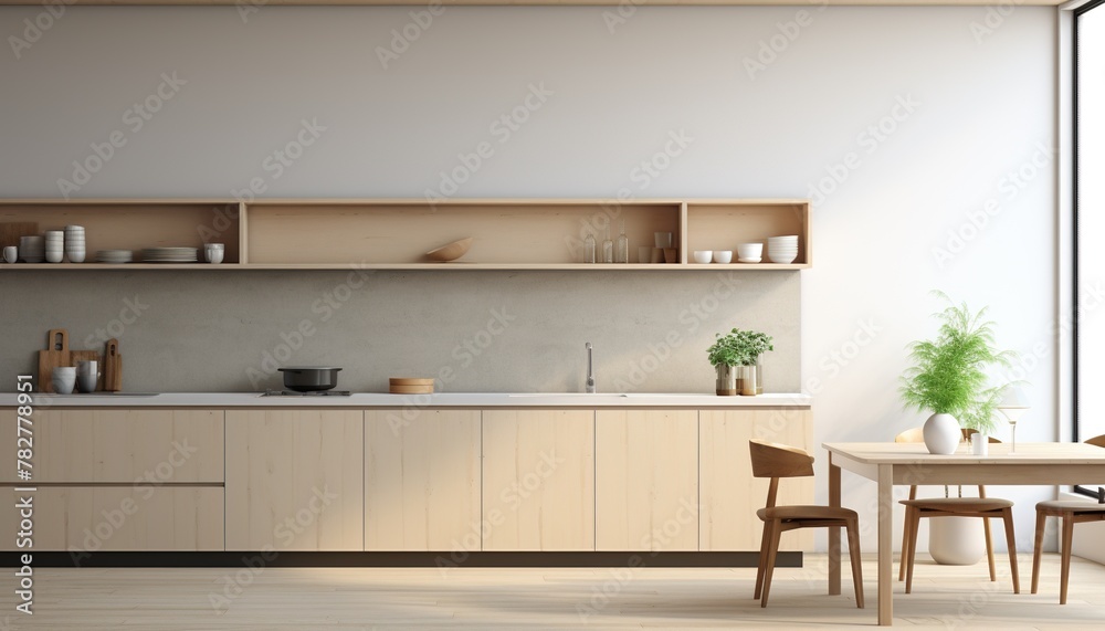 Fototapeta premium modern dining and kitchen room interior background with natural material, table, and chairs