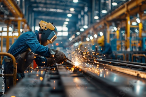 A skilled worker in protective gear intensely welding amidst vibrant sparks in an industrial factory setting