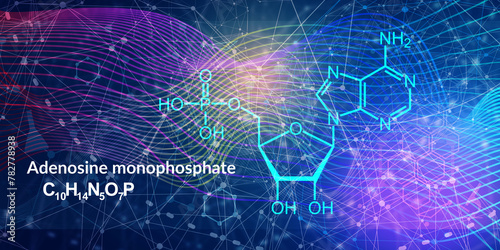 Adenosine monophosphate or AMP, adenylic acid molecule. Nucleotide monomer of RNA. Composed of phosphate, ribose and adenine moieties. Skeletal formula. photo