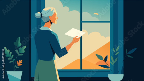 Standing by a window a senior woman holds up a yellowed letter to the light reading each word with a mixture of nostalgia and longing. Through