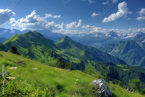 Panoramic scenic view of majestic mountain range surrounded by clear blue skies and lush greenery
