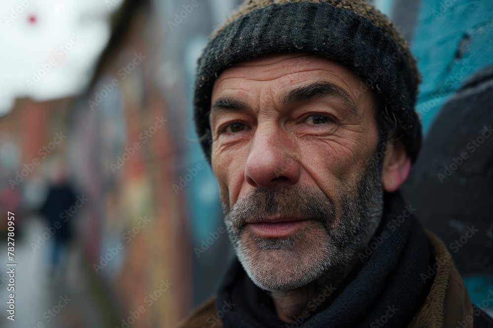 Portrait of a senior man with a gray beard and a knitted hat in the street. Portrait of a senior man with a gray beard and a knitted hat in the street.