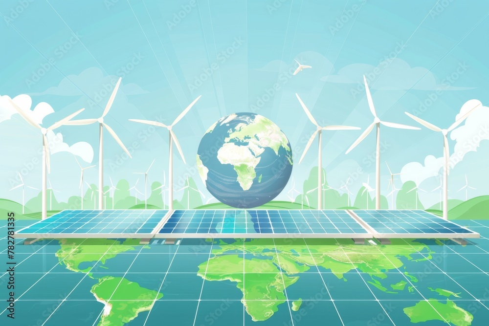 Illustration of wind turbines and solar panels with the Earth in front ...