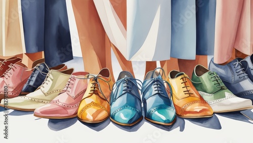 Watercolor drawing of shoes and human feet, retro., pastel colors.Colorful shoes on sale in a shop window, vintage toned photo