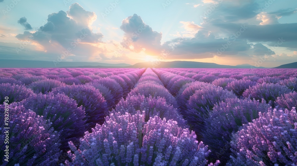 The golden hour light beautifully highlights the rows of blooming lavender, creating a serene atmosphere against a mountain backdrop