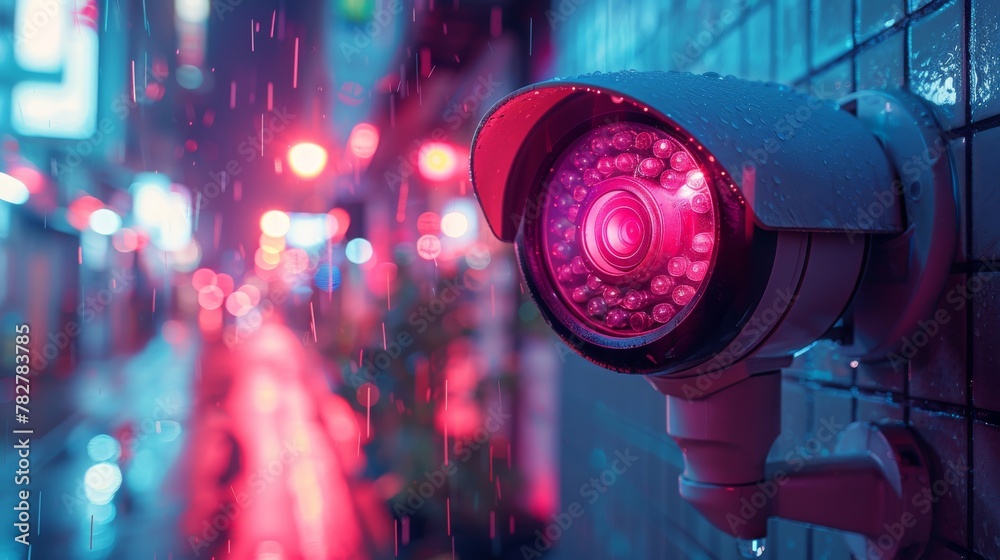 A close-up of a security camera installed on a rainy day with red illumination amidst vibrant city street lights