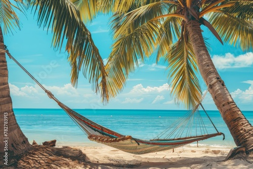 Tropical island getaway. palm tree, hammock, and serene sea view for your dream vacation