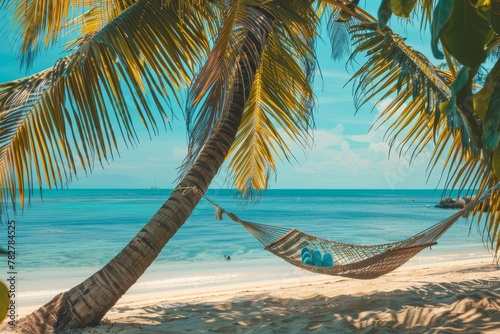 Tropical island vacation. palm trees, hammock, relaxing sea views, travel and leisure concept