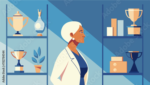 A retired businesswoman gazing at a shelf filled with trophies and plaques each one representing a different milestone in her successful career.
