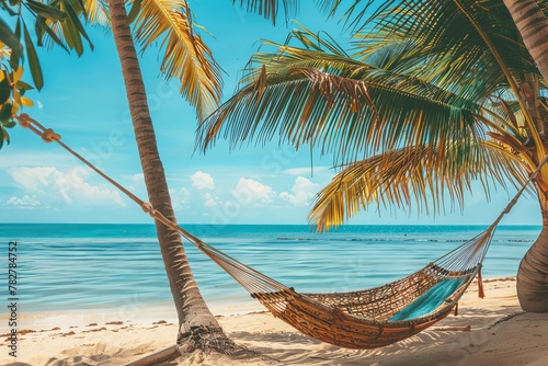 Tropical island getaway. palm tree  hammock  and spectacular sea view  ideal for a perfect vacation