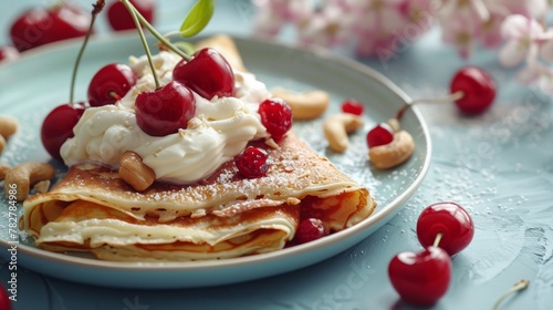 Delicious homemade crepes filled with fresh cream and topped with juicy cherries and nuts, embodying indulgence and culinary art photo