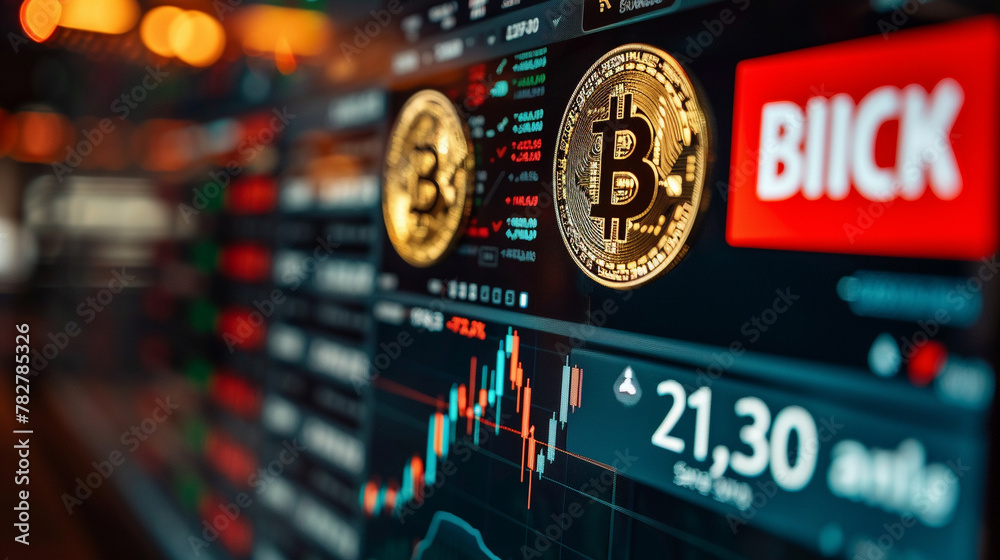 Bitcoin Stock Market, Blurred image of stock market charts with Bitcoin symbol. Bitcoin Stock Market, Blurred image of stock market charts with Bitcoin symbol.