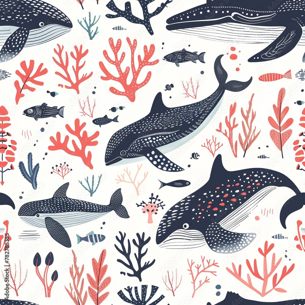 Obraz premium Underwater World Pattern, Seamless pattern with whales and sea life in cool tones.