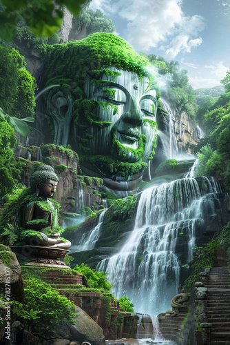 Mystical Forest Buddha, Enigmatic green Buddha amidst a mystical forest waterfall landscape. © GreenMOM
