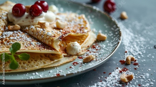 A tantalizing dish of delicate crepes adorned with cherries, nuts, and cream, offering a visual and gustatory treat