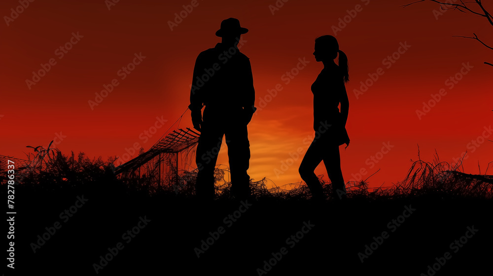 Obraz premium Silhouettes of a man and woman facing each other at sunset with a vibrant red sky. Relationship and connection concept suitable for design and print.