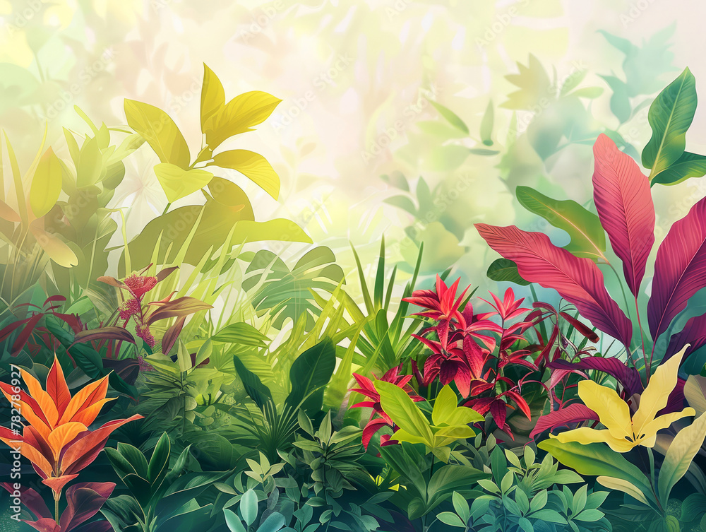 Vibrant tropical foliage with a variety of plants and sunlight filtering through leaves