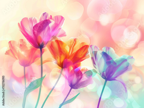 Digital art of tulips with a colorful bokeh effect, creating a vibrant and artistic floral display