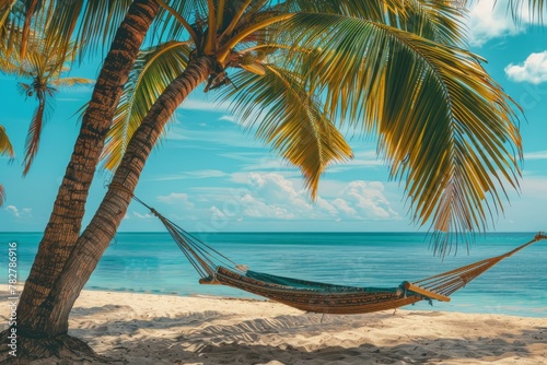 Relaxing tropical island getaway with palm trees, hammocks, and crystal clear seas