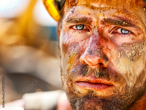 Close-up of a construction worker with perspiration and dried mud on his face reflecting fatigue photo