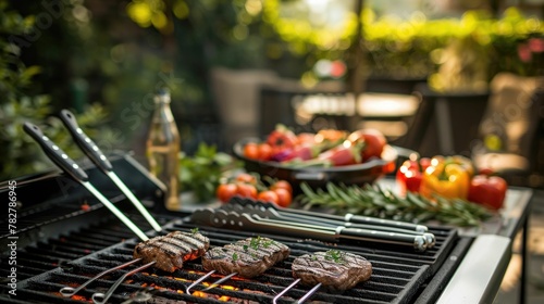 Grill and barbecue tools set up for a family weekend cookout in the backyard photo