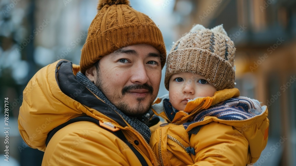 Father and Son Bundled in Cozy Winter Outfits Sharing a Warm Embrace amidst the Serene Snowy Backdrop Father and Son Bundled in Cozy Winter Outfits Sharing a Warm Embrace amidst the Serene Snowy Backdrop