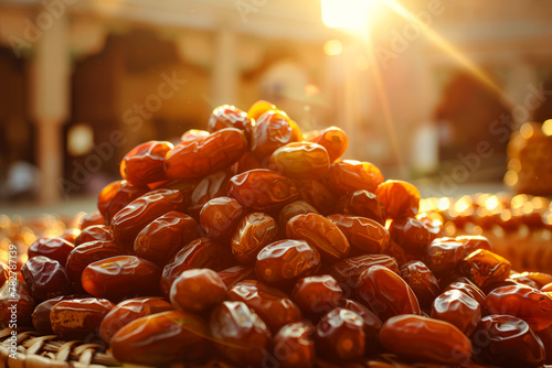 Heap of dates fruit in wicker plate against the backdrop of a historic archway in golden hour light