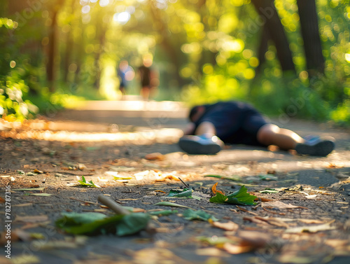 Runner lying on the ground in a park, succumbing to heat exhaustion during a summer workout