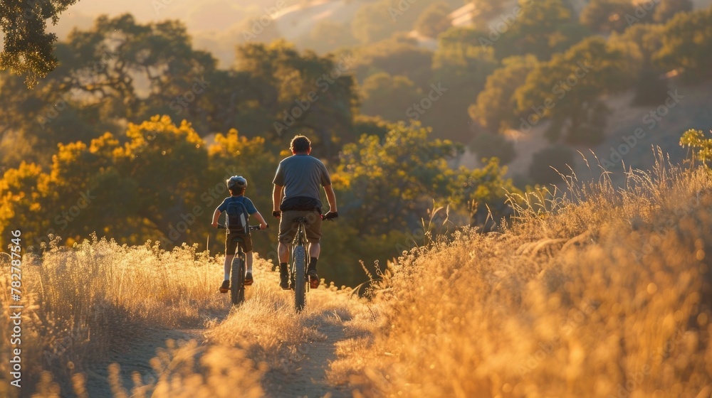 Father and Child Enjoying a Scenic Bike Ride Through Autumn Countryside Landscape Father and Child Enjoying a Scenic Bike Ride Through Autumn Countryside Landscape