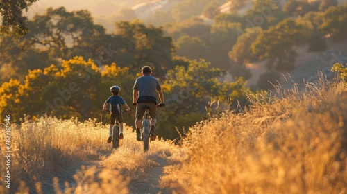 Father and Child Enjoying a Scenic Bike Ride Through Autumn Countryside Landscape