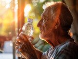 Elderly gentleman appreciating a refreshing water bottle against a backdrop of summer sunlight