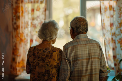 Elderly couple gazing out a window at sunset, enjoying peaceful retirement together