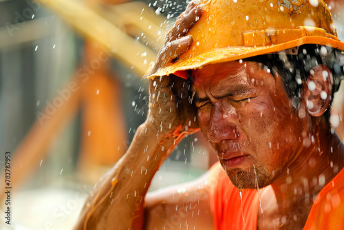 Exhausted construction worker wiping sweat off his brow under sweltering heat