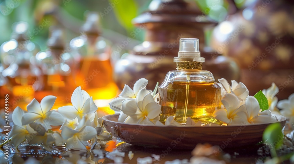 Traditional Thai perfume bottles nestled among fresh jasmine flowers Traditional Thai perfume bottles nestled among fresh jasmine flowers