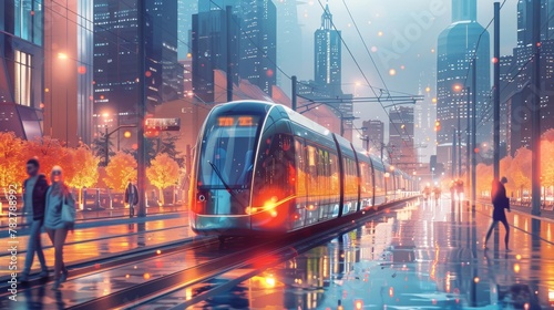 Smart Transportation: Illustrate scenes of commuters navigating a smart city using innovative transportation modes such as electric scooters, self-driving cars, and high-speed trains