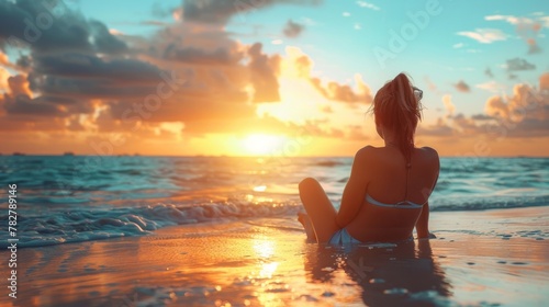 Sunset Beach Vibes  serene yet stylish image of a young individual lounging on a beach at sunset  dressed in casual beachwear