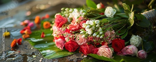 A bouquet of jasmine and roses tied with silk