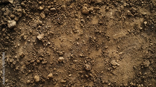 Detailed view of a grainy soil surface covered with small rocks, showcasing earthy textures and natural elements. Wallpaper. Background.